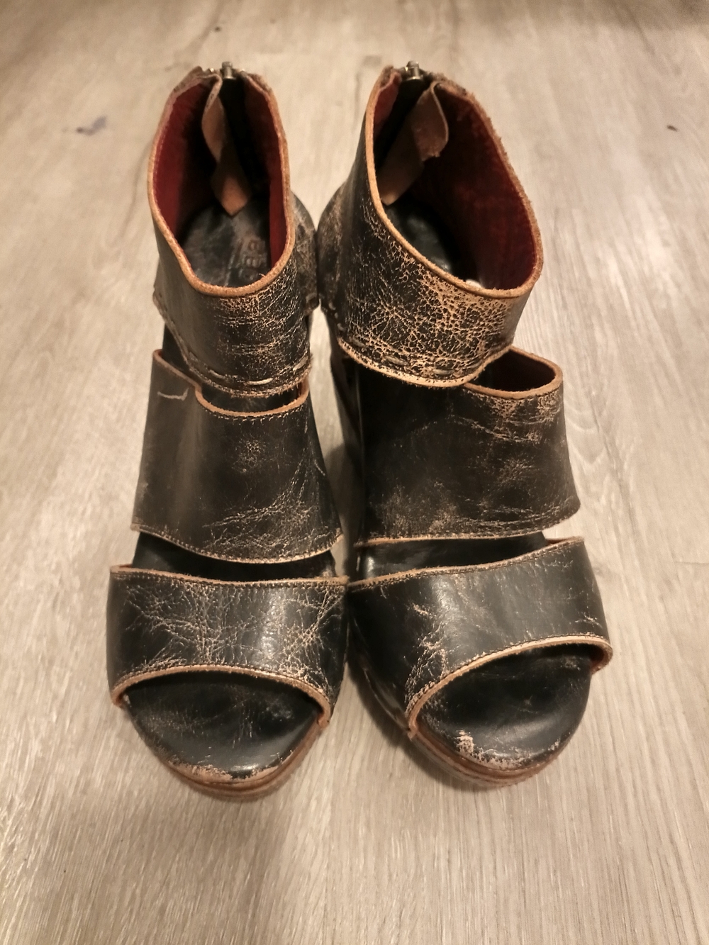 Bed Stu Black Distressed Leather Open-Toe Strappy Heels